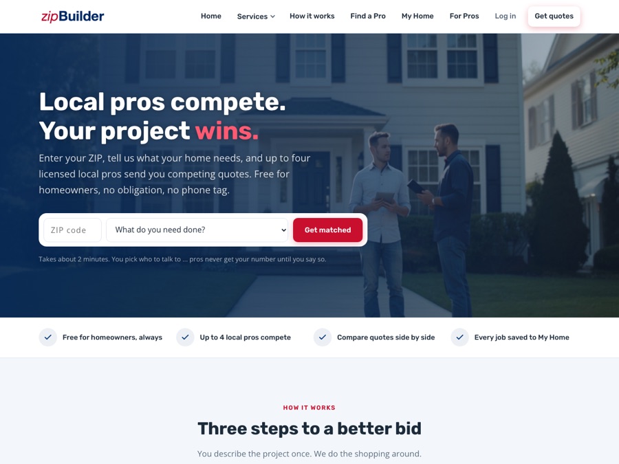 zipBuilder, where local home improvement pros compete for your project